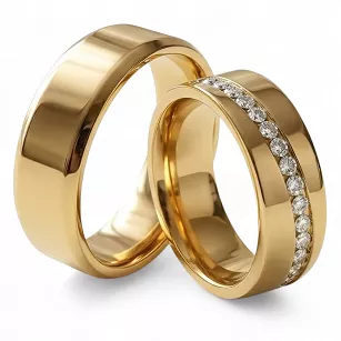 Obrączki ślubne stalowe złote nowoczesne z cyrkonią połysk 8 mm KO43