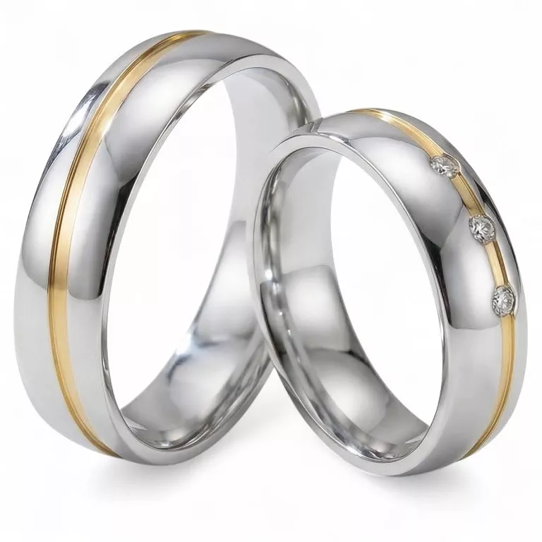 Obrączki ślubne stalowe srebrne eleganckie połysk złoty frez cyrkonie 6 mm KO9