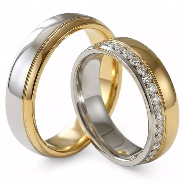 Obrączki ślubne stalowe złoto srebrne nowoczesne z cyrkonią 6 mm KO45